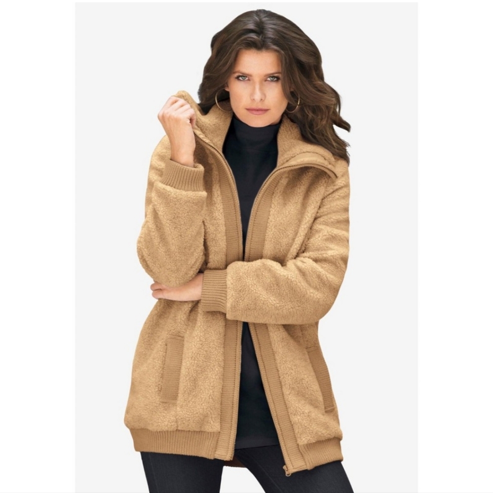 Roaman's Midweight Teddy Bomber Coat Jacket Camel Tan Womens Size 18/20 L Sherpa